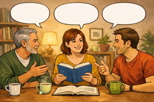 Drei Menschen sitzen am Tisch und unterhalten sich über ein Buch. Bild von AI generiert.